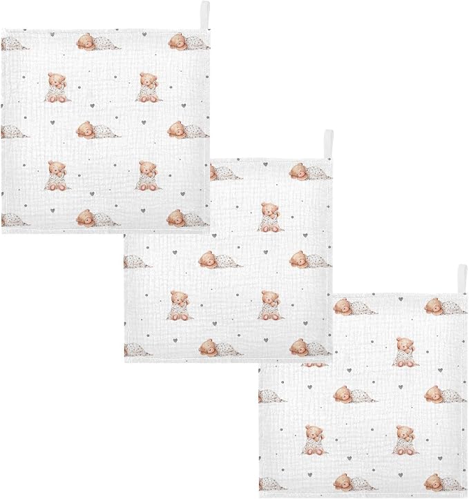 vvfelixl Baby Washcloths Cotton Cute Sleeping Teddy Bears Baby Muslin Washcloths Soft Baby Face Towel for Newborn Infants Baby Wipes, 11.8 X 11.8 inch, one sizex3