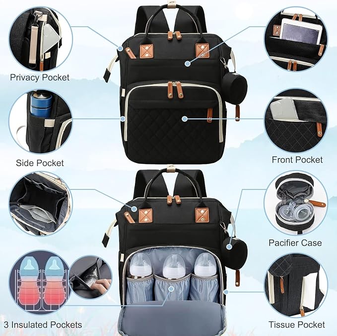Black Diaper Bag Backpack, Multifunctional Waterproof Mommy Bag with Changing Pad, USB Port, Stroller Straps, Large Capacity Baby Travel Bag (balck)