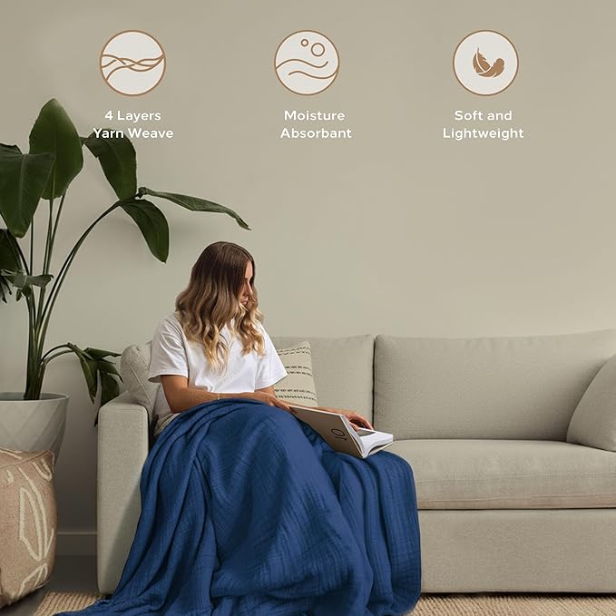 Threadmill Muslin Throw Blanket | 4 Layer 100% Cotton Gauze | Lightweight, Breathable, and Soft All Season Blanket | 50 x 65 Cozy Throw for Sofa, Couch & Bed | Folktone Blue