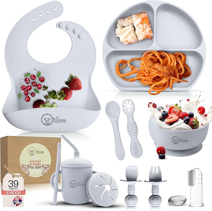 O'doe 11-Piece BPA-Free Silicone Baby Feeding Set | Thick & Soft Suction Plates, Baby Bowls, Wooden Fork & Spoon, and More | Make Mealtime Fun and Easy for Your Little One (Grey, V1)