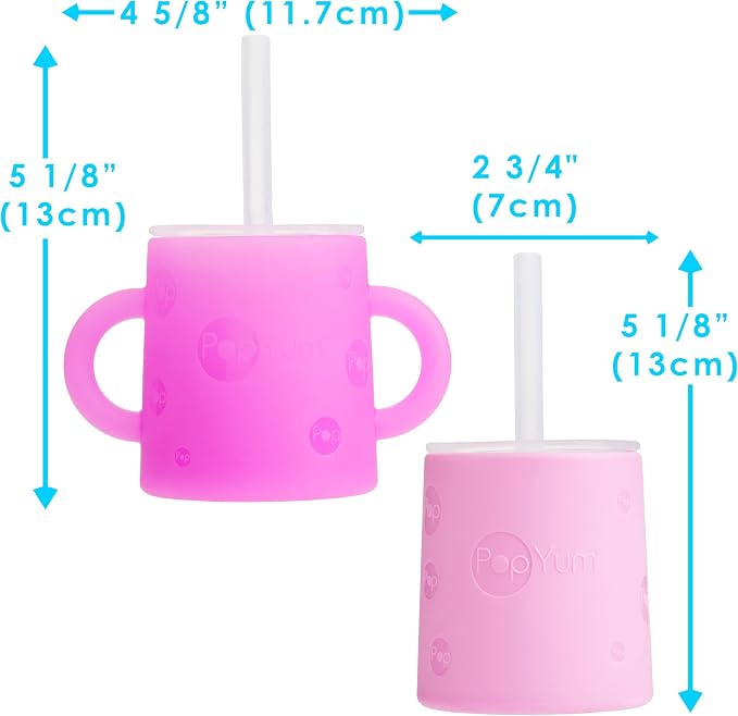PopYum Silicone Training Cup with Straw Lid, 2-Pack for Baby, Infant and Toddler, Tumbler, Sippy, handles, 5 ounce (purple, pink)