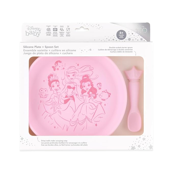 Bumkins Disney Baby and Toddler Plate and Spoon Set, Silicone Dish for Babies and Kids, Baby Led Weaning, Children Feeding Supplies, Microwave Safe, Platinum Silicone, Ages 6 Months Up, Princess