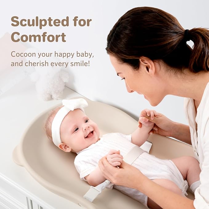 Wipe-Clean Baby Diaper Changing Pad Waterproof & Wipeable Teddy Bear Easy to Clean, Soft EVA Foam Changer Pads with Adjustable Safety Belt, Non-Slip Change Mat for Changing Station Table Dresser Bed