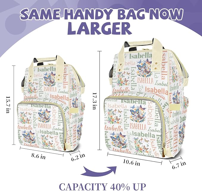 Custom Diaper Backpack, Upgraded Large Capacity Baby Bag, Personalized Changing Backpack With Name, Multifuction Mommy Bag With Insulated Pocket for Girls, Butterfly Green