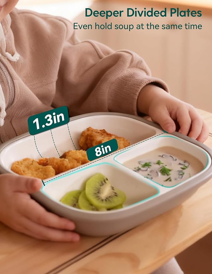 Babelio 8'' Toddler Porcelain Plates with Silicone Suction Sleeves, Lead & BPA Free, Divided, Microwave & Dishwasher Safe, Stay Put, Suitable for Kids, 3 Pack