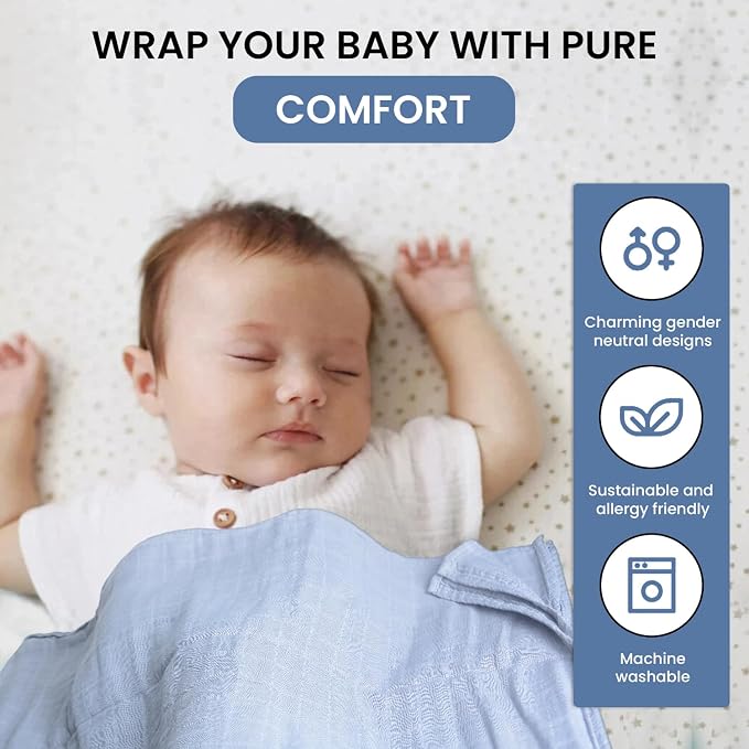 Organic Muslin Swaddle Blankets, 100% Organic Cotton, Baby Wrap for Boys and Girls, Soft Breathable and Skin-Friendly, Newborn Blankets, Baby Essentials, Registry&Gift, 3-Pack, Large 47 x 47 inches