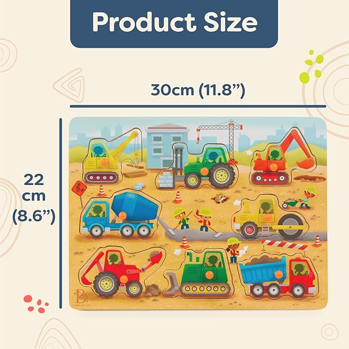 B. toys – Peek & Explore – Construction Trucks – Wooden Peg Puzzle – Truck Puzzle for Toddlers, Kids – 8 Construction Truck Pieces – Dump Truck, Cement Mixer, Excavator & More – 2+ Years