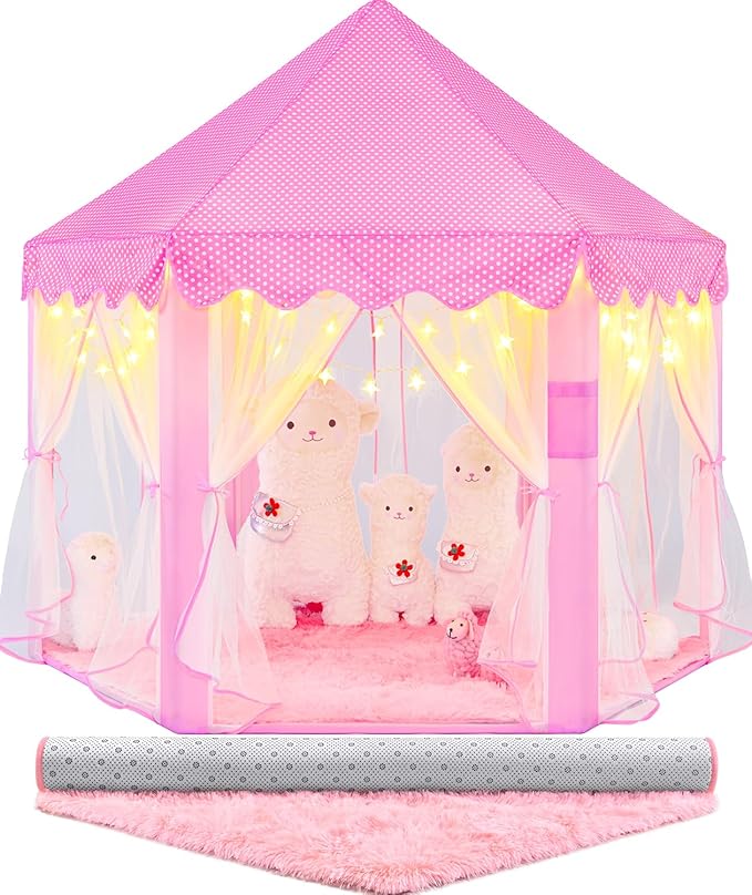 Princess Tent with Lights and Rug, Playhouse for Girls Age 4-7, Kids Play Tent for Girls Indoor, Castle Playhouse for Toddlers, Pink Princess Toy 55x53 inch
