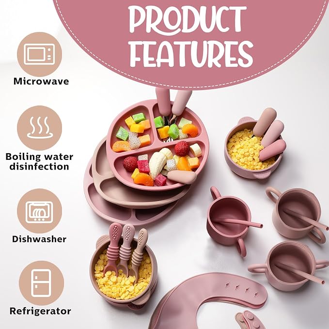 Yinder 24 Pack Silicone Baby Feeding Set Baby Led Weaning Essentials Suction Divided Plate Bowl Spoon Fork Adjustable Bib Snack Cup Straw for 6+ Months(Dark Pink, Dusty Pink, Peach Color)