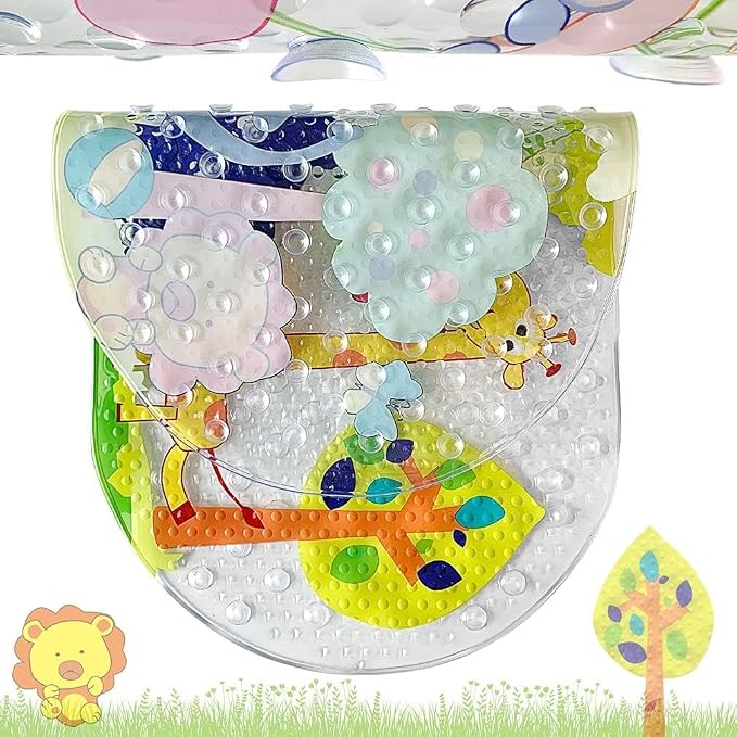 PTAPIPI Sea Animal Kids Bath Mat - 27x15 Inch Oval PVC Mat with Suction Cups, Machine Washable, Colorful Design for Children (Animal World)