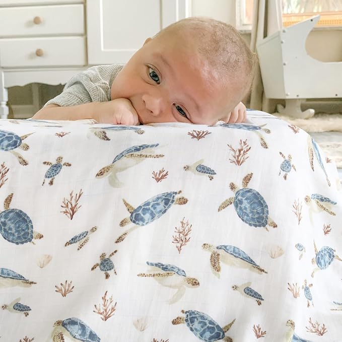 LifeTree Muslin Swaddle Blankets, Baby Swaddling Wrap Nursery Receiving Blanket for Boys & Girls, Soft 70% Viscose from Bamboo and 30% Cotton, Large 47 x 47 inches, Sea Turtle & Solid Colors