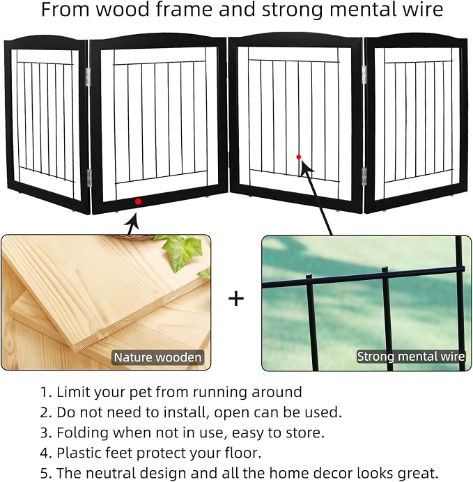 ZJSF Freestanding Foldable Dog Gate for House Extra Wide Wooden Black Indoor Puppy Gate Stairs Dog Gates Doorways Tall Pet Gate 4 Panels Fence