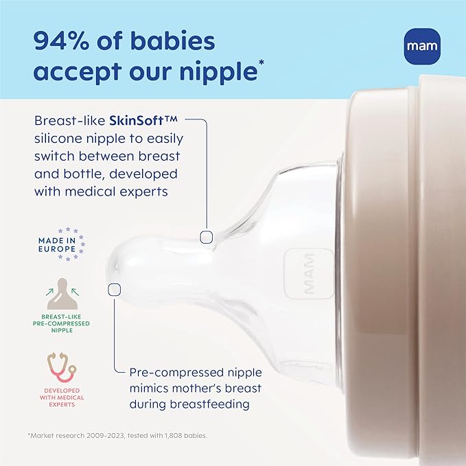 MAM 9oz Premium Glass Wide Neck Baby Bottle with Medium Flow Breastfeeding-Like Silicone Nipple, Easy to Clean, BPA Free, 2+ Months, Easy Switch Between Breast and Bottle, Made in Europe, 3 Pack