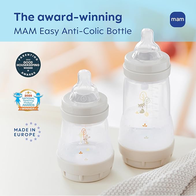 MAM 9oz Easy Start Anti-Colic Wide Neck Vented Baby Bottle, Medium Flow Breastfeeding-Like Nipple, Reduces Colic Gas & Reflux, Easy to Clean, BPA Free, 2+ Months, Made in Europe, 3 Pack