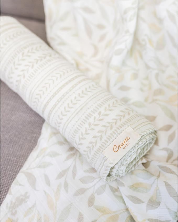 Crane Baby Swaddles for Newborns, Set of 2 Baby Swaddle Blanket, Dainty Leaf, 100% Cotton Muslin Swaddles, Newborn Essentials, Gender Neutral Baby Items, Receiving Blankets, Infant Blanket, 47" x 47"