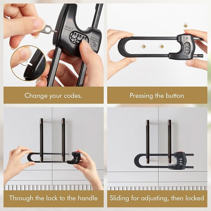 4 Pack Cabinet Locks Baby Proofing Upgrade Child Proof Cabinet Lock Adjustable U-Shaped Code Locks Sliding Cabinet Door Lock Latches Set for Cupboard Knob Handle Drawers Closet (Black)