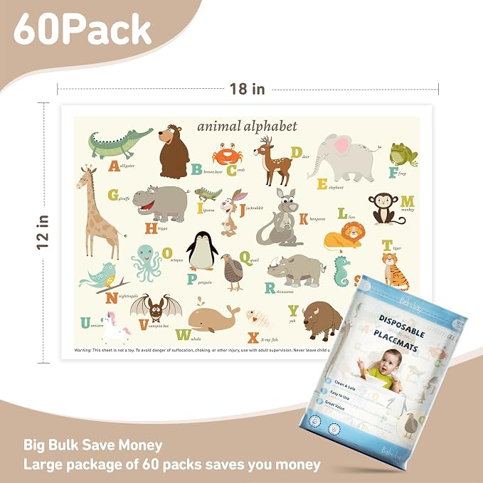 Babebay Disposable Stick-on Placemats 60 Pack for Baby & Kids & Toddler, Sticky Placemats Restaurant Table Mats 12" x 18" (Animal Alphabet)