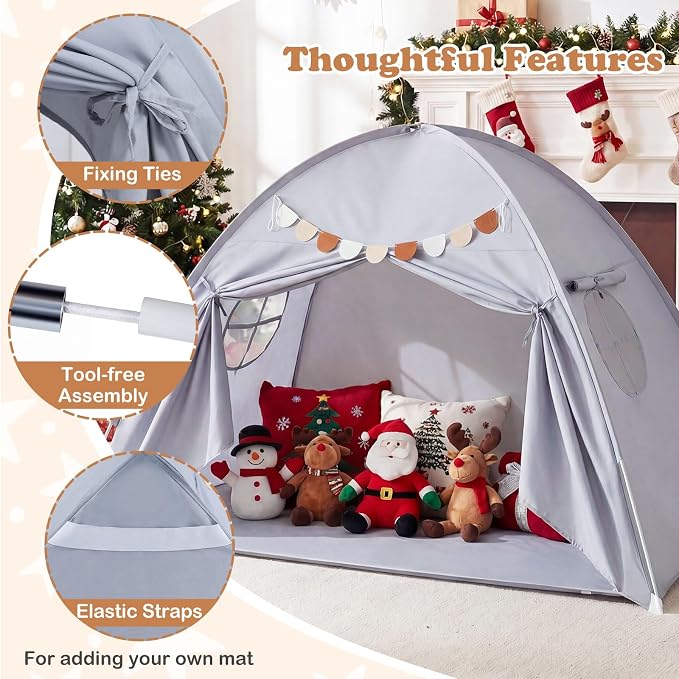 Costzon Toddler Bed Tent, Twin Size Indoor Canopy Tent for Kids w/ 2 Windows, Flag Banner, Brushed Fabric Privacy Playhouse, Portable Play Tent for Bunk Bed, Playroom, Suits 3+ Boys & Girls (Grey)