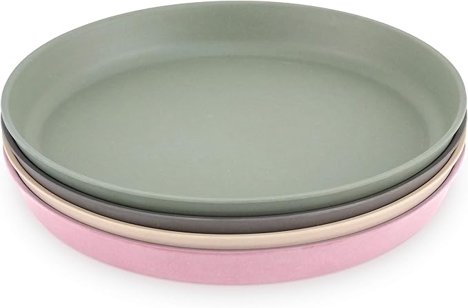 WeeSprout Bamboo Plates, Set of 4, Kid-Sized Dinnerware, Dishwasher Safe Melamine Dishware (Pink, Green, Gray, & Beige, Without Lids)
