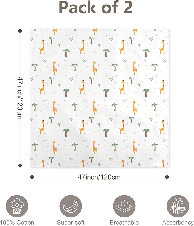 2-Pack Muslin Swaddle Blankets 47x47-100% Cotton Breathable Receiving Blankets for Newborn Baby, Soft Swaddling Wraps, Cozy Forest Duo