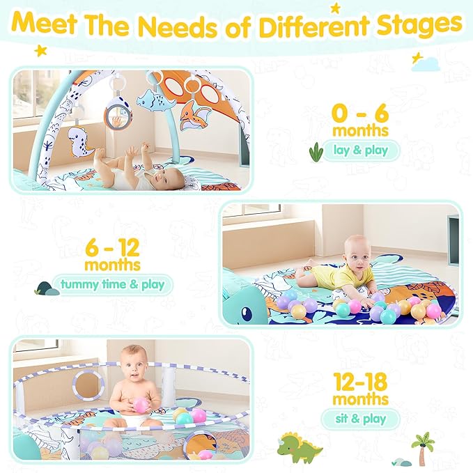WeeHomm 5-in-1 Baby Play Mat - Dinosaur Themed Activity Gym for Babies 0-6 Months with Ball Pit, Detachable Sensory Toys, Pillow, Machine Washable