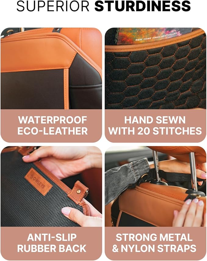 Owleys Back of Seat Organizer for Kids | Car Storage Caddy ??8 Pockets + Transparent Tablet Holder | Waterproof Eco-Leather | 27.5' x 18.5' | Brown+Black