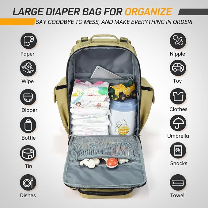 SHARKMOUTH Military Diaper Bag for Dad - Insulated Baby Diaper Backpack with Patches for Hiking Travel Camping - Baby Shower Gifts Tan