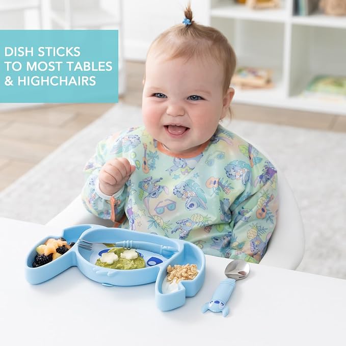 Bumkins Disney Stitch - Silicone Grip Dish, Fork & Spoon - For Ages 18 Months+ - Suction Base - 100% Food-Safe Silicone - Freezer, & Dishwasher Safe