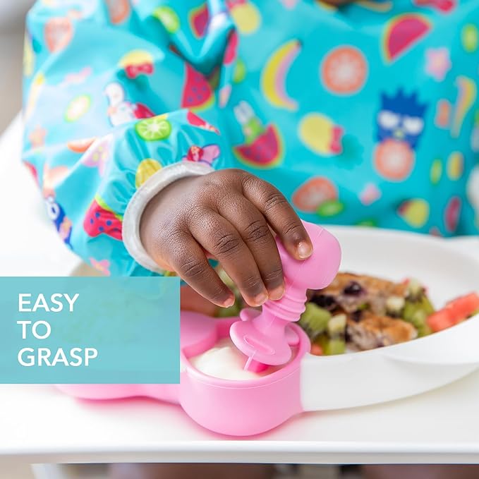 Bumkins Baby Utensils Set, Chewtensils Silicone Spoons for Dipping, Self-Feeding, Baby Led Weaning, Trainer Learning, First Stage Eating, Soft Practice Fork and Spoon, 6 Months, Hello Kitty Pink