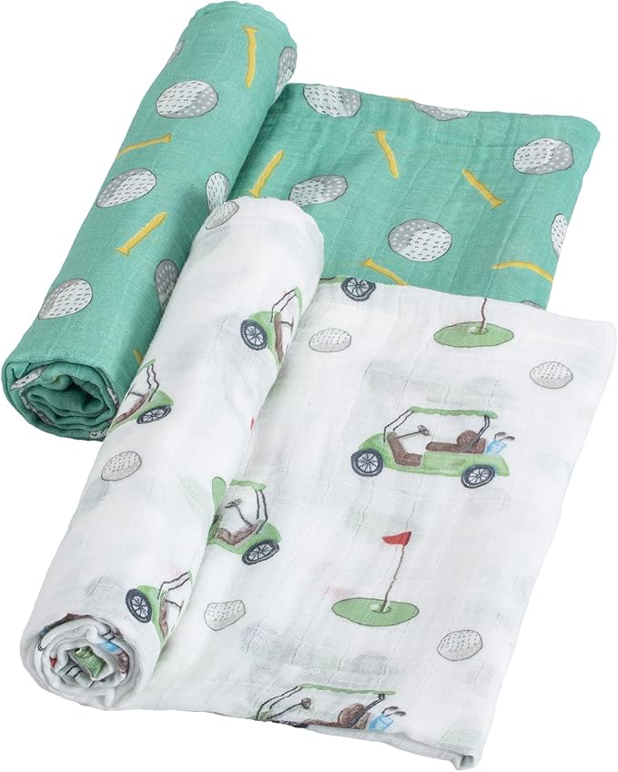 LollyBanks Swaddle Blanket 100% Cotton, 2 Pack Muslin Swaddle Blankets, 47 x 47 inches Baby Swaddles for Boys and Girls, Lightweight Baby Blanket, Registry (Golf Print)