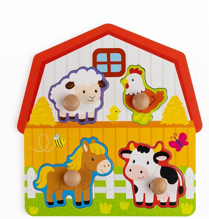 Jasey's Toy Chest Wooden Farm Easy-Grasp Peg Puzzle - 5-Piece Educational Toy Farm Animal Puzzle for Toddlers Ages 18+ Months