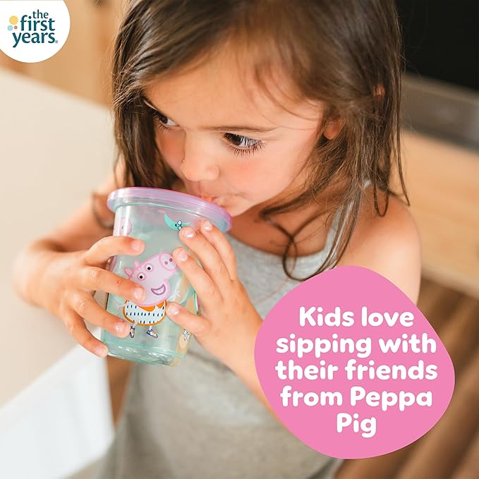 The First Years Peppa Pig Take & Toss Toddler Straw Cups - Spill Proof Toddler Sippy Cups with Snap On Lids and Straws - Peppa Pig Party and Feeding Supplies - 10 Oz - 10 Count