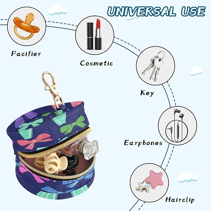 Pacifier Holder with Clip Pacifier Case for Diaper Bag Round Baby Pacifier Pouch Box Bag Portable Colorful Bows