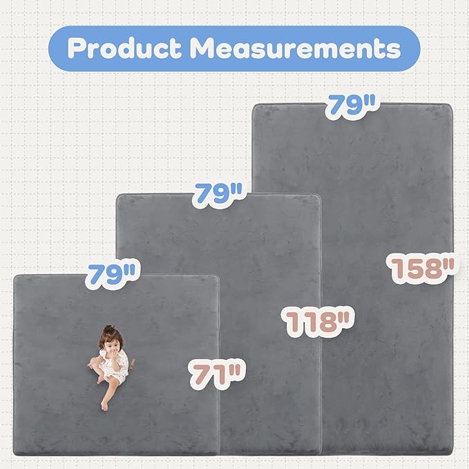 1.3" Thick Baby Floor Play Mat 79x118, Basic Padded Foam Mat for Tummy Time Crawling, Non Slip Cushioned for Babies Toddlers Infants Kids (Dark Grey)