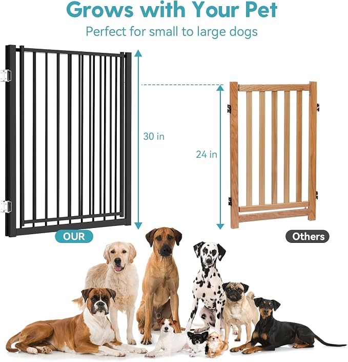 No Pawblems Free Standing Dog Gate with Door, 30'' Tall Foldable Dog Fence for Indoor & Outdoor, Up to 156 Inch Extra Wide Pet Gate for Yard, Deck, Doorways, Stairs, Hallways (Black, 6 Panels)