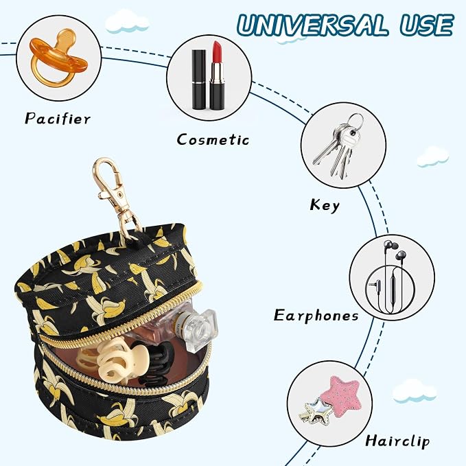 Cartoon Banana Black Print Pacifier Holder Case with Clip Paci Holder Pacifier Storage Case Container Portable for Diaper Bag Newborn Girl Boy Essentials