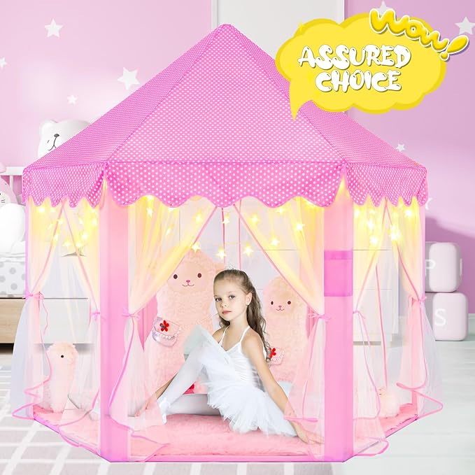 Princess Tent for Girls Age 4-7 with Star Lights, Kids Play Tent for Girls Indoor, Castle Playhouse Tent for Toddlers, Pink Princess Toy Tent 55x53 inch