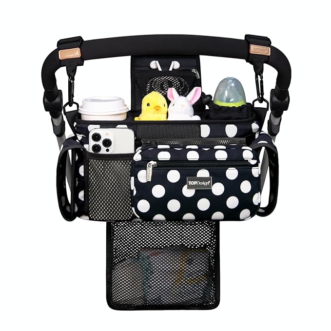 TOPDesign Universal Baby Stroller Organizer, Stroller Caddy with Detachable Mesh Bag & Heightened Insulated Cup Holders & Non-Slip Secure Hooks Accessories, Fits Most Strollers (Polka Dots)