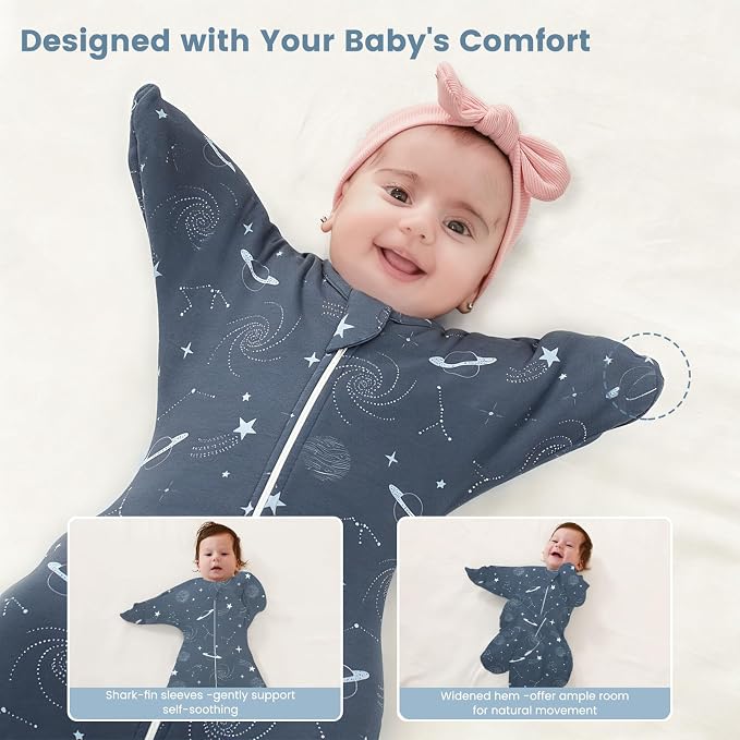 ZIGJOY Shark-Fin Transition Swaddle for Newborn - 0.5 Tog Rayon Made from Bamboo Sleep Sack Baby Swaddle Blanket with 2-Way Zipper, Hemp Grey
