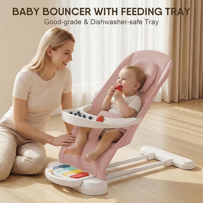 Monamii Baby Bouncer, Baby Bouncer Seat with Detachable Pianos & Feeding Tray, 3-Level Adjustable Positions Bouncing Seat, Infant Bouncer Seat and Toddler Chair (Pink)
