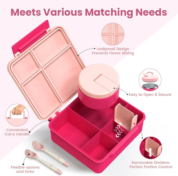 LOHASOK Bento Lunch Box Kids with 8oz Soup Thermo, Leak-Proof Lunch Containers with 4 Compartment, Thermo Hot Food Jar and Insulated Lunch Box for School Pink