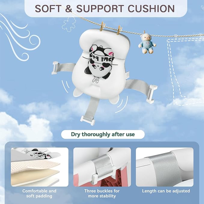 Foldable Baby Bathtub for Newborn to Toddler (0-24 Months), Portable Baby Bath Tub for Travel, Collapsible Baby Tub with Soft and Supportive Cushion (Panda-Pink)