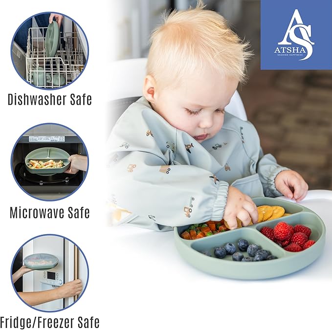 Silicone Baby Feeding Set - 19 Pcs Baby Led Weaning Supplies, Suction Plate and Bowl, Sippy Cup, 3 Set of Forks, Fruit Tetther, Tiny Brush, and Long Sleeved Bib