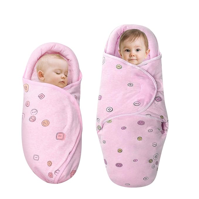 Premium Soft Cotton Baby Swaddle Blankets, Baby Blanket Wrap for Newborn Baby Boys Girls, Skin Friendly Wearable Swaddling Sleep Sack Calms Startle Reflex (Button, Peachpink, 0-3 Months + 3-6 Months)