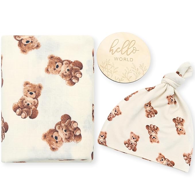 LifeTree Muslin Swaddle Blankets, Muslin Baby Swaddle Blanket and Hat Set with Birth Announcement Card, Newborn Unisex Receiving Blankets Bear Pattern