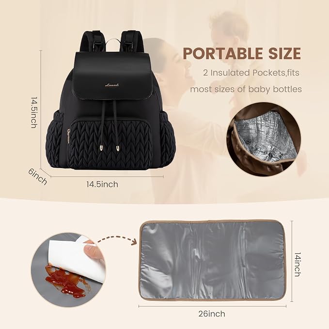 LOVEVOOK Diaper Bag Backpack, Small Cute Baby Bag, Stylish Water-Resistant Travel Bag for Mom, Baby Backpack with Changing Pad, Stroller Straps - Black