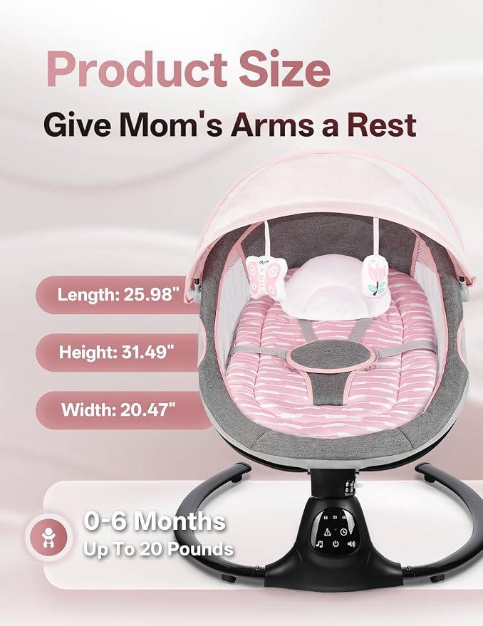 Baby Swing for Infants, 0-9 Months Baby Swing Support Music Playback, 5 Sway Speed, Electric Swing for Baby with Remote Control, Indoor & Outdoor Use (Pink)