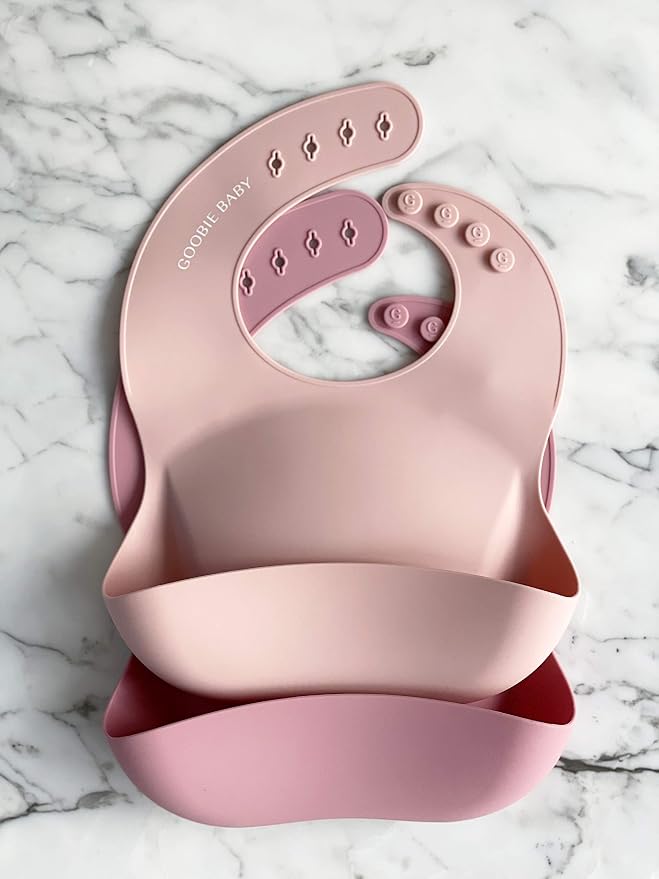 Goobie Baby Silicone Baby Bib with Food Catcher - Adjustable Waterproof Feeding Bib for Babies & Toddlers 4 to 36 Months for Girl and Boy - Modern, Soft, Easy to Clean (2 Pack - Blush/Rose)