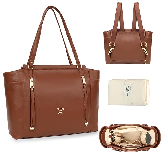 miss fong Diaper Bag Tote Leather Diaper Bag Backpack, Large Capacity Mommy Bag Hospital Bag, 12 Pockets Travel Diaper Tote with Changing Pad Pañaleras Para Bebe for Mom & Dad-Brown | Large Capacity, Mommy Bag, Hospital Bag, 12 Pockets, Travel Diaper T...