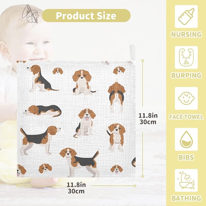 vvfelixl Beagle Puppy Baby Burp Cloths Baby Muslin Washcloths for Boys Girls Cotton Baby Face Towel for Newborn Infants Soft and Absorbent 11.8 X 11.8 in, 5 Pack